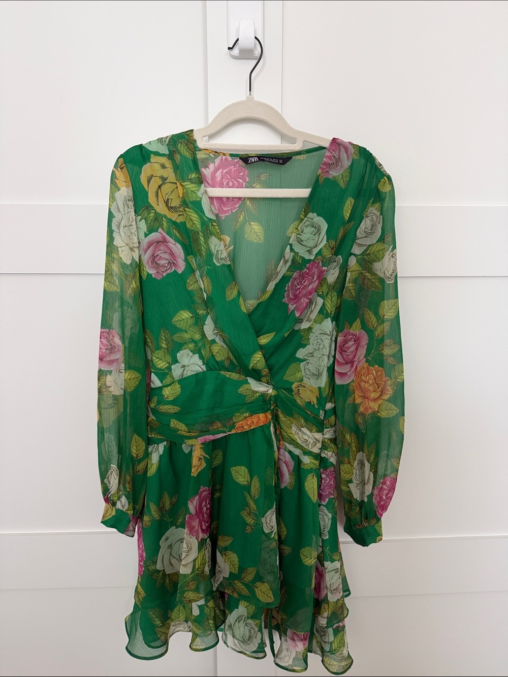 Zara Green Floral Wrap Dress with Pink and Yellow Roses